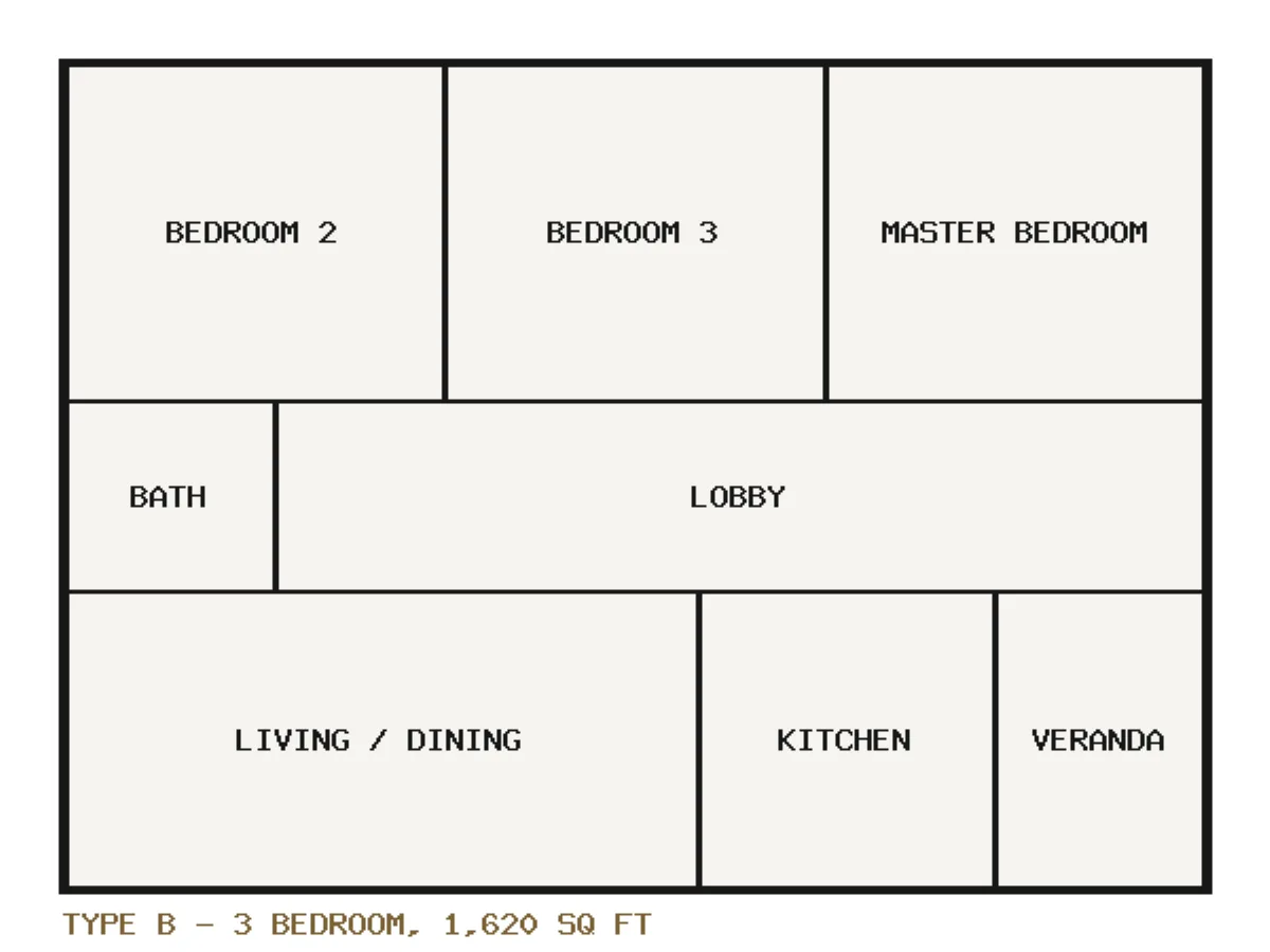Type B — 3 bedroom, 1,620 sq ft